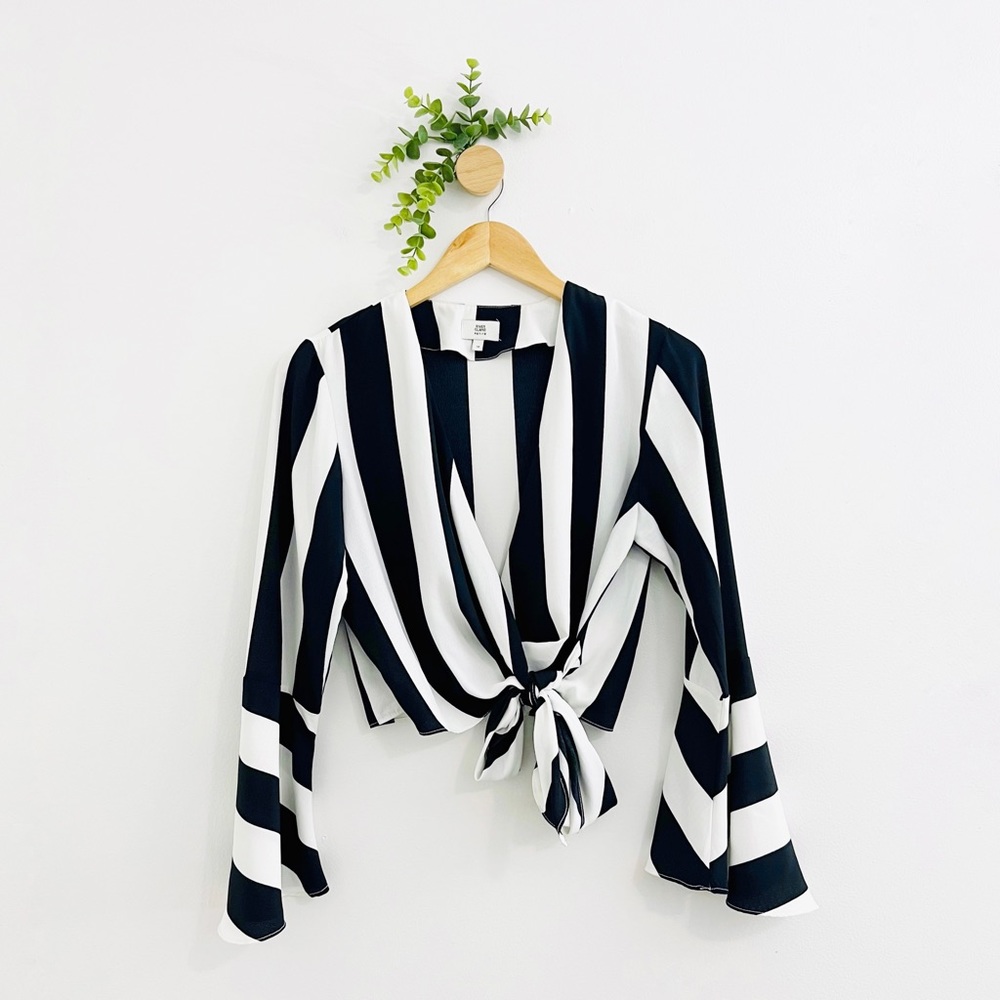 River Island Petite Black White Striped Bell Sleeves Wrap Top